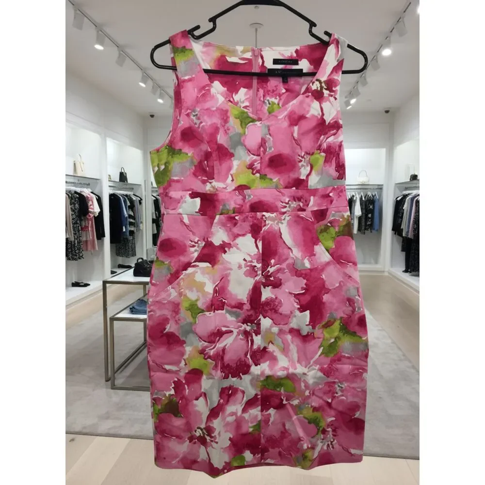 Anne Klein Watercolor Floral Sheath Dress Size 10 - Pink Cotton Stretch - Picture 2 of 9